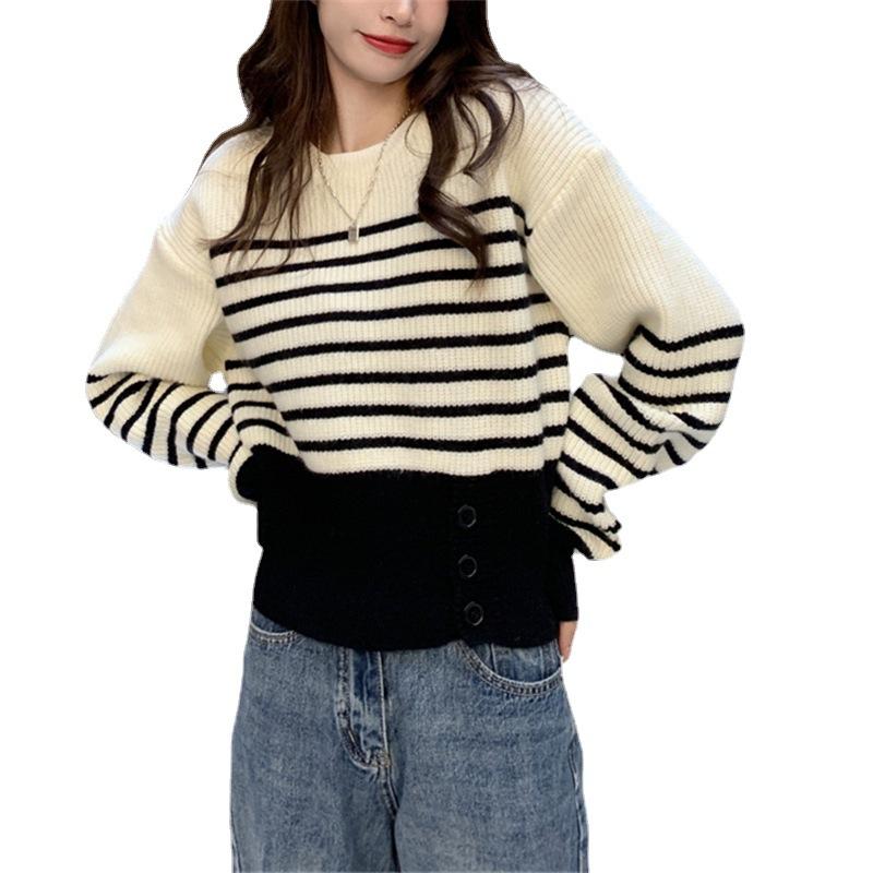 Chic Autumn and Winter Pullover Round Neck Thick Women's Knitwear All-match Loose Striped Long-sleeved Sweater Women