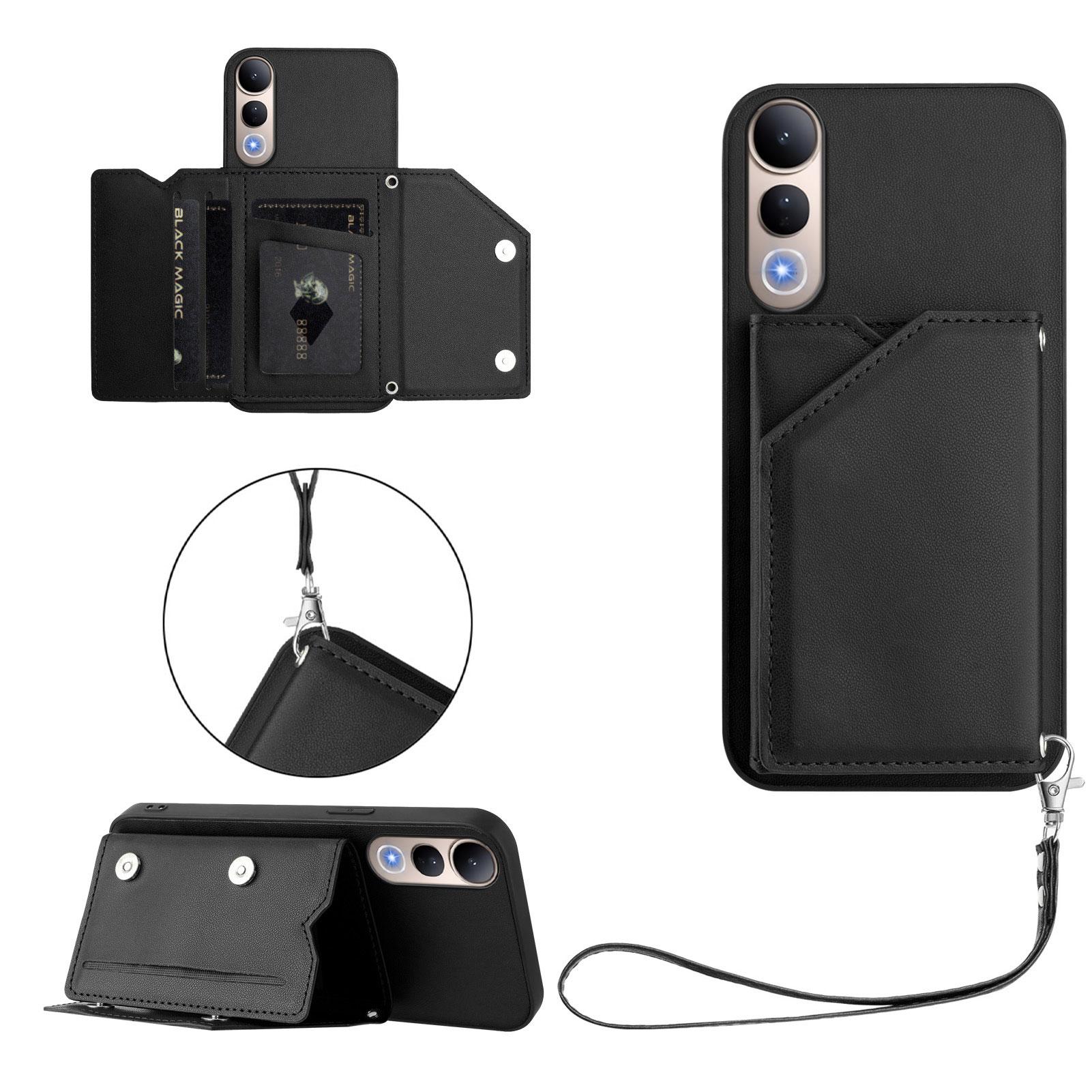 

For vivo V50 Lite 5G Case Card Holder Kickstand Skin-Touch Phone Cover with Wrist Strap B