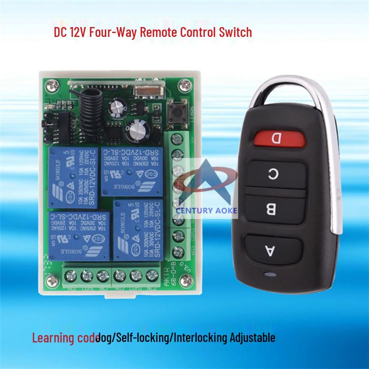 DC 12V Wireless 4-Way Remote Relay with Learning Code and Metal 4-Button Remote 433 MHz