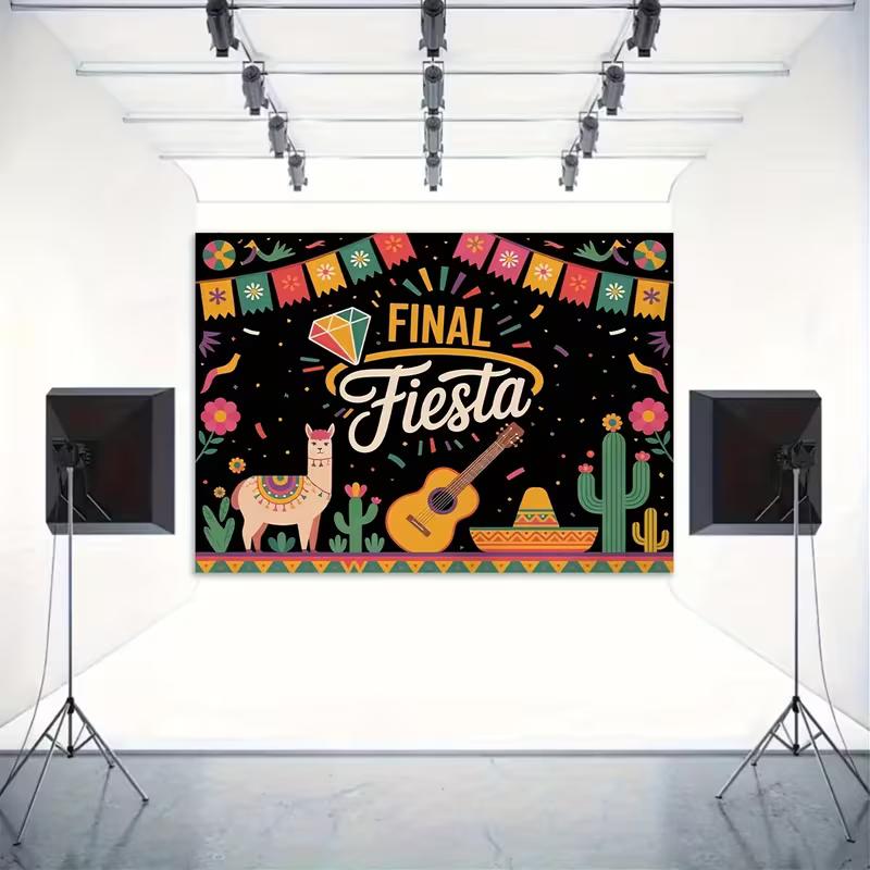 2D Final Fiesta Backdrop, Mexican Bachelorette Alpaca Cactus Guitar Photography Background Banner