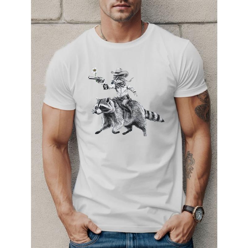 European size Men'S Summer T-Shirt Featuring a Cowboy Riding a Raccoon Alongside a Cat.
