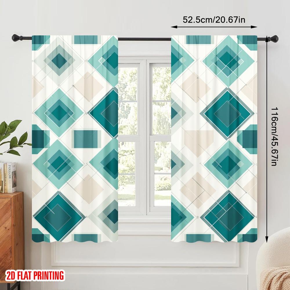 2pcs,2D Plane Printing Contemporary Curtains Geometric Mint Squares Versatile Fabric (without Rod) Art Deco Festive Perfect for