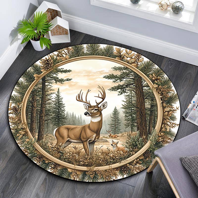 Deer Forest Round Area Rug,Carpet Rug for Living Room Bedroom Sofa Playroom Decor,Non-slip Floor Mat