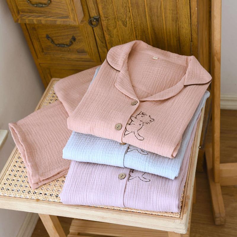 2026 New Spring and Autumn Women's Pajama Set 100% Cotton Crepe Solid Color Cat Long Sleeve Sweet Home Clothes Two Piece Set
