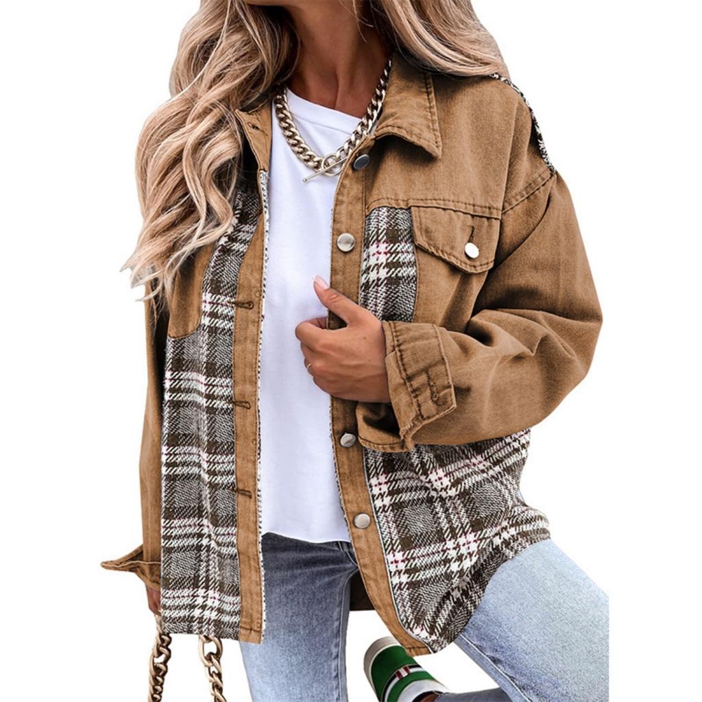 Denim Jacket, Long Sleeved, Checkered, Button Up, Shirt, Jacket Top