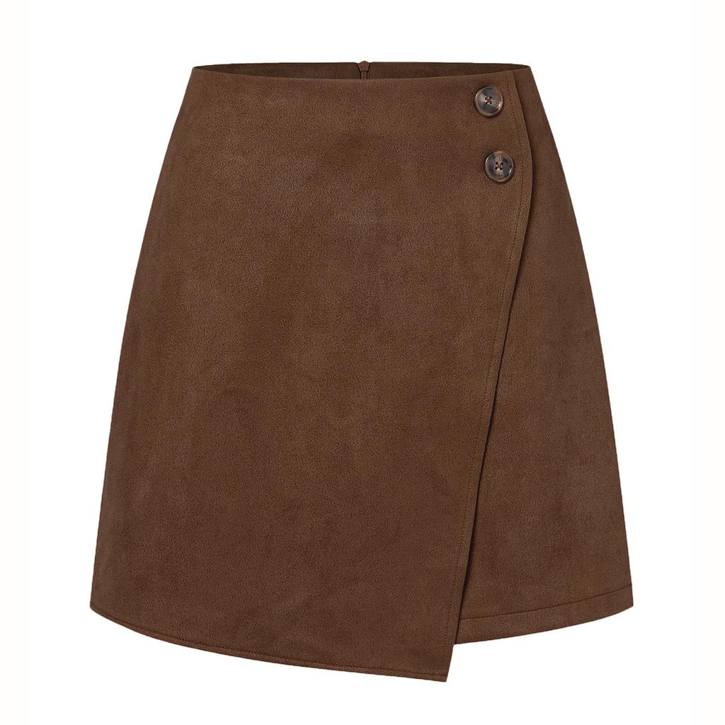 Suede Irregular Skirt Solid Color High-waisted Zipper Button Skirt Women