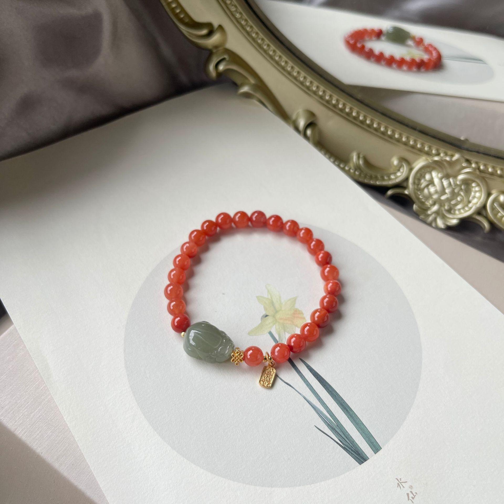 

Natural Southern Red Agate & Hetian Green Jade Pixiu Bracelet with S925 Silver - Chinese Hanfu Style Accessories 13cm-14cm Wrist