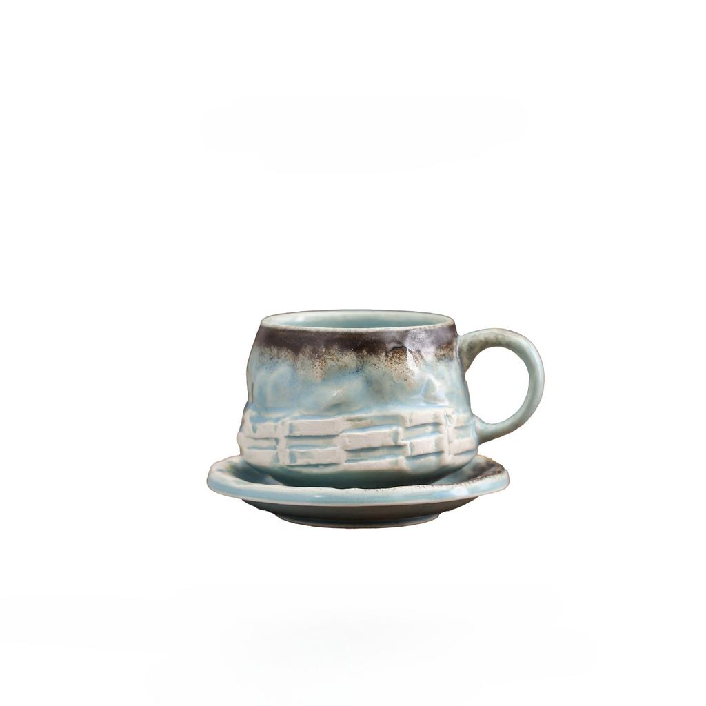 Grobes Töpferton Ofenwechsel Tasse und Untertasse Set Unregelmäßige Wabi-Sabi Keramiktasse für Kaffee Tee Hausbar Rustikale Wohnkultur Geschenk