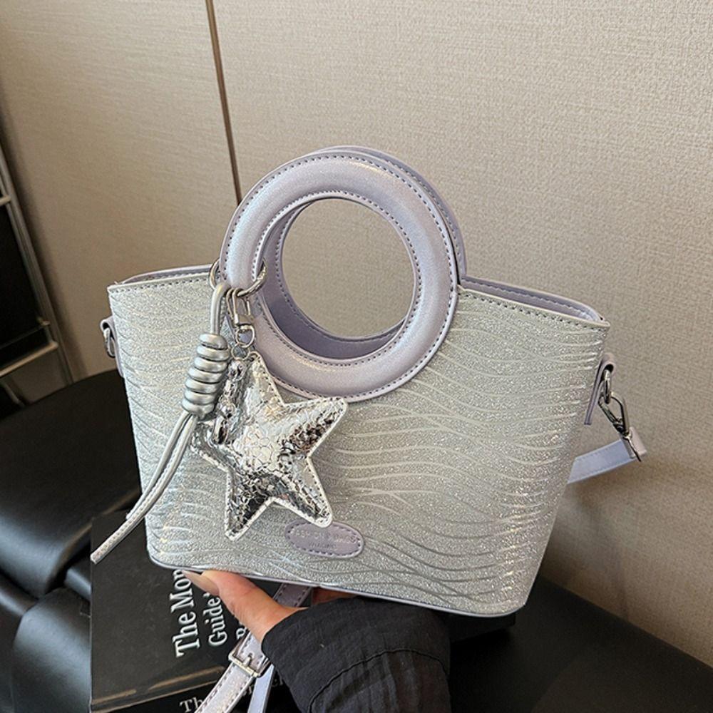 Shoulder Bag Small Basket Bag PU Shining Banquet Handbag Fashionable Sweet Star Silver Bag  Women