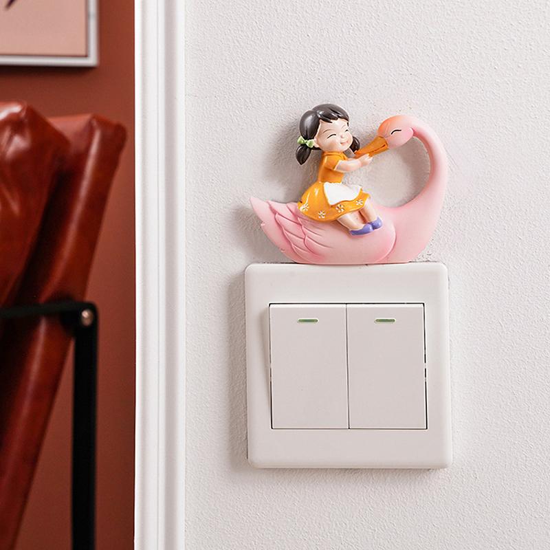 Adorable Light Switch Decoration Resin Girl Panda Figurine Self-Adhesive Detachable Wall Sticker Switch Ornament Home Decor