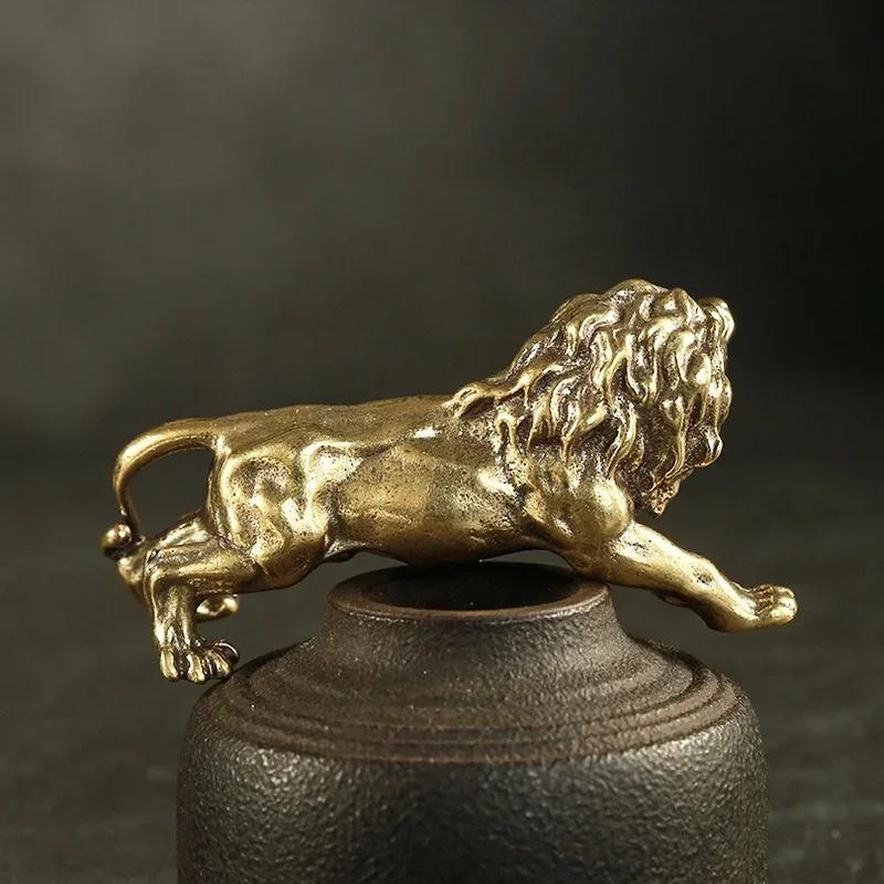 Antique Bronze Male Lion King Statue Small Ornaments Solid Copper Mountain Lions Miniature Figures Brass Sculpture Crafts Decor