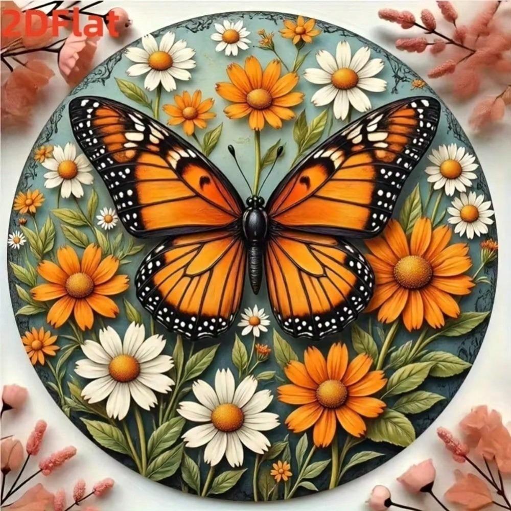 Vintage Metal Sign Butterfly Daisy Floral Artwork Weatherproof Tin Plaque for Outdoor Garden Patio Wall Decor