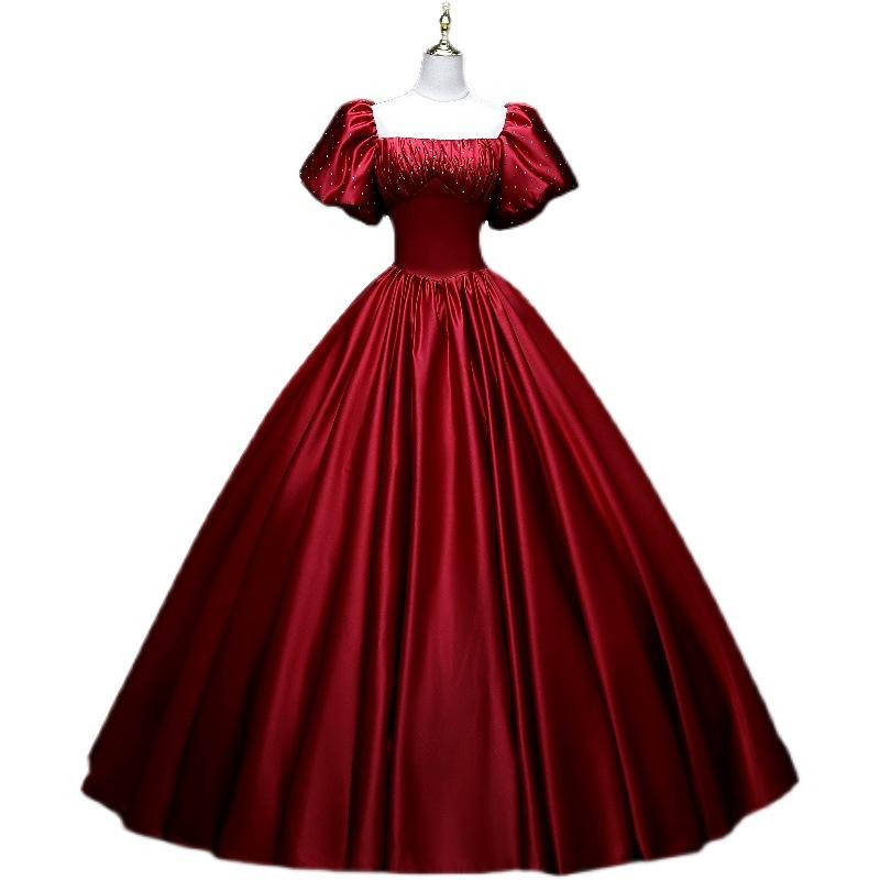 Red Satin Evening Dress Slim Solo Student Art Exam Vocal Folk Song Performance Suit Host Dress Fluffy Skirt Woman
