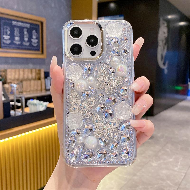 Applicable to OPPO RENO14 mobile phone case, flower butterfly full screen drill A5PRO luxury rhinestone electroplating transparent case for women