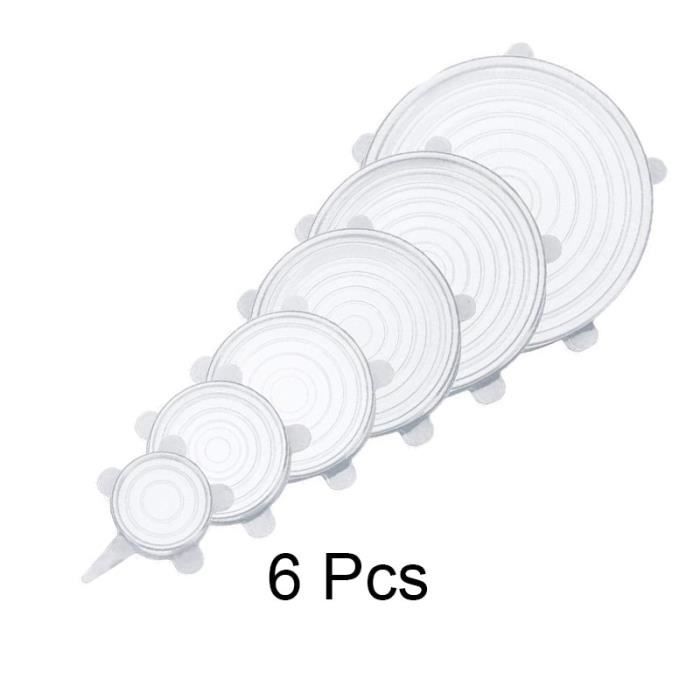 Couvercles étirables en silicone - Lot 6 pièces - Blanc - Réutilisable - Tailles universelles