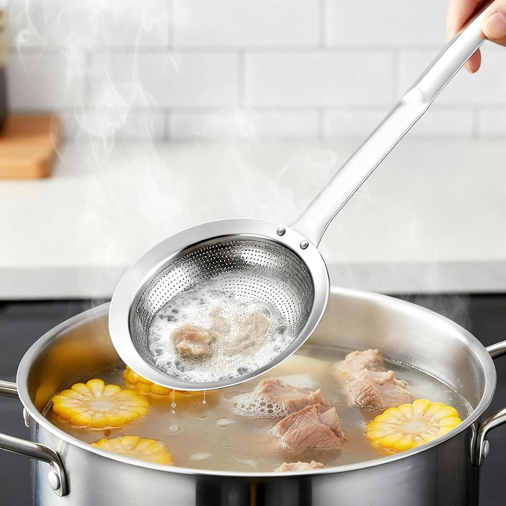 Skimmer Spoon Filter Grease Foam Fine Mesh Stainless Steel Sieve Colander, Extra Fine Strainer With Handle Handheld Fry Oil Filter for Cooking Sieve