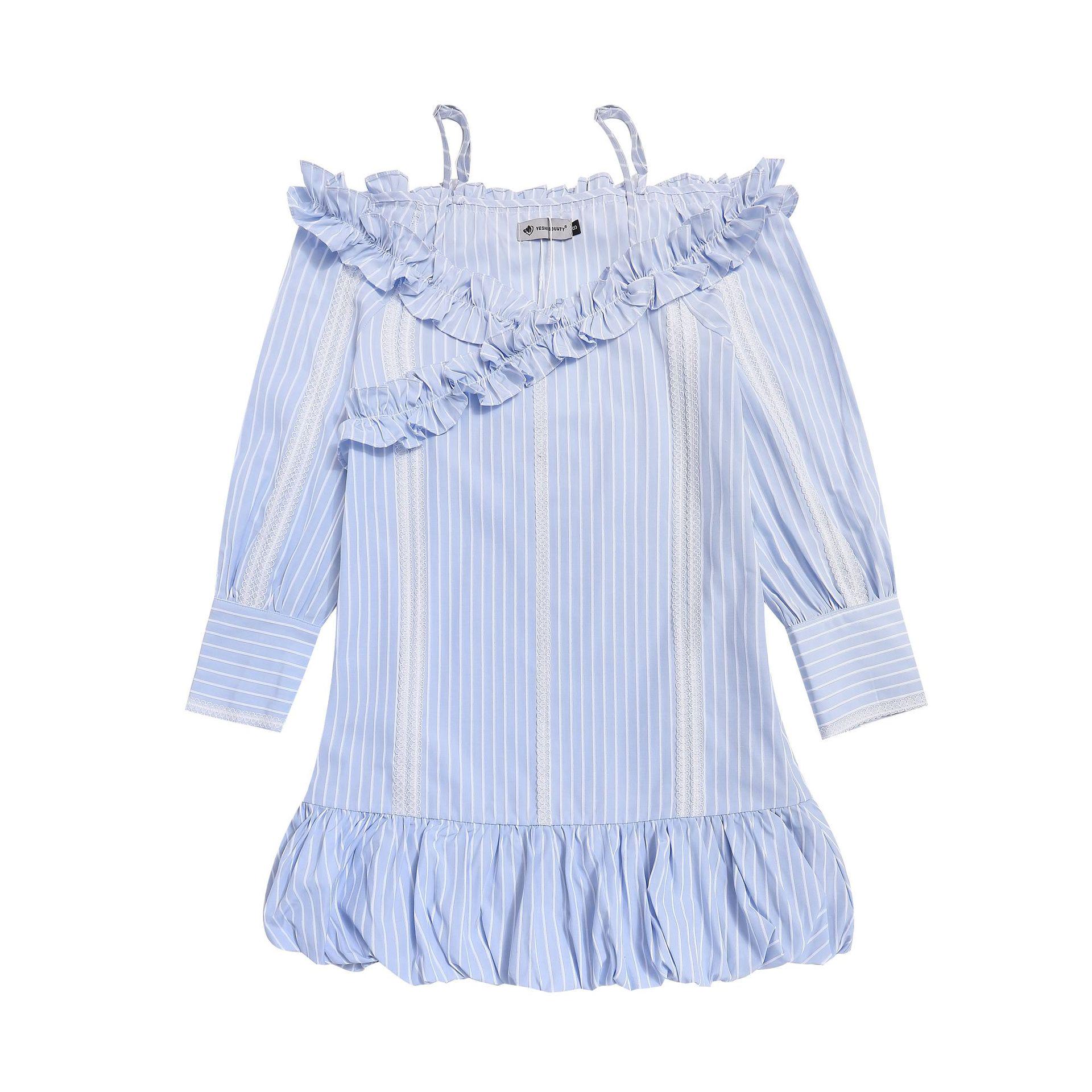 Fudge Pink Off-Shoulder Puff Sleeve Striped Lace Dress - Korean Spring Style Medium синий