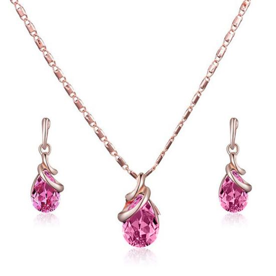 1 Set Women Necklace Elegant Luxury Noble Gift Red Waterdrop Rhinestone Inlaid Stud Earrings Kit Fashion Jewelry