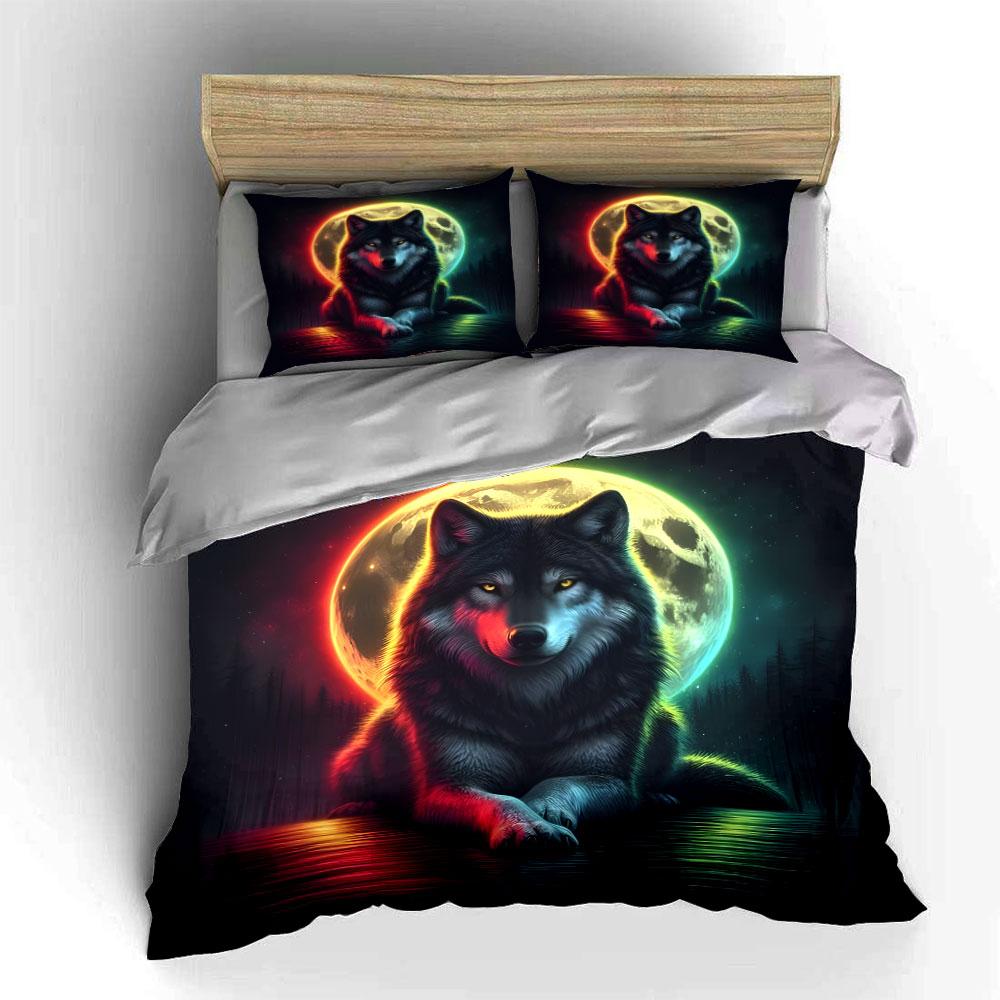 Wolf with Colorful Moonlit Night Print Bedding Set 1 Duvet Cover 2 Pillowcases for Adult and Children Luxury Gift Full Size