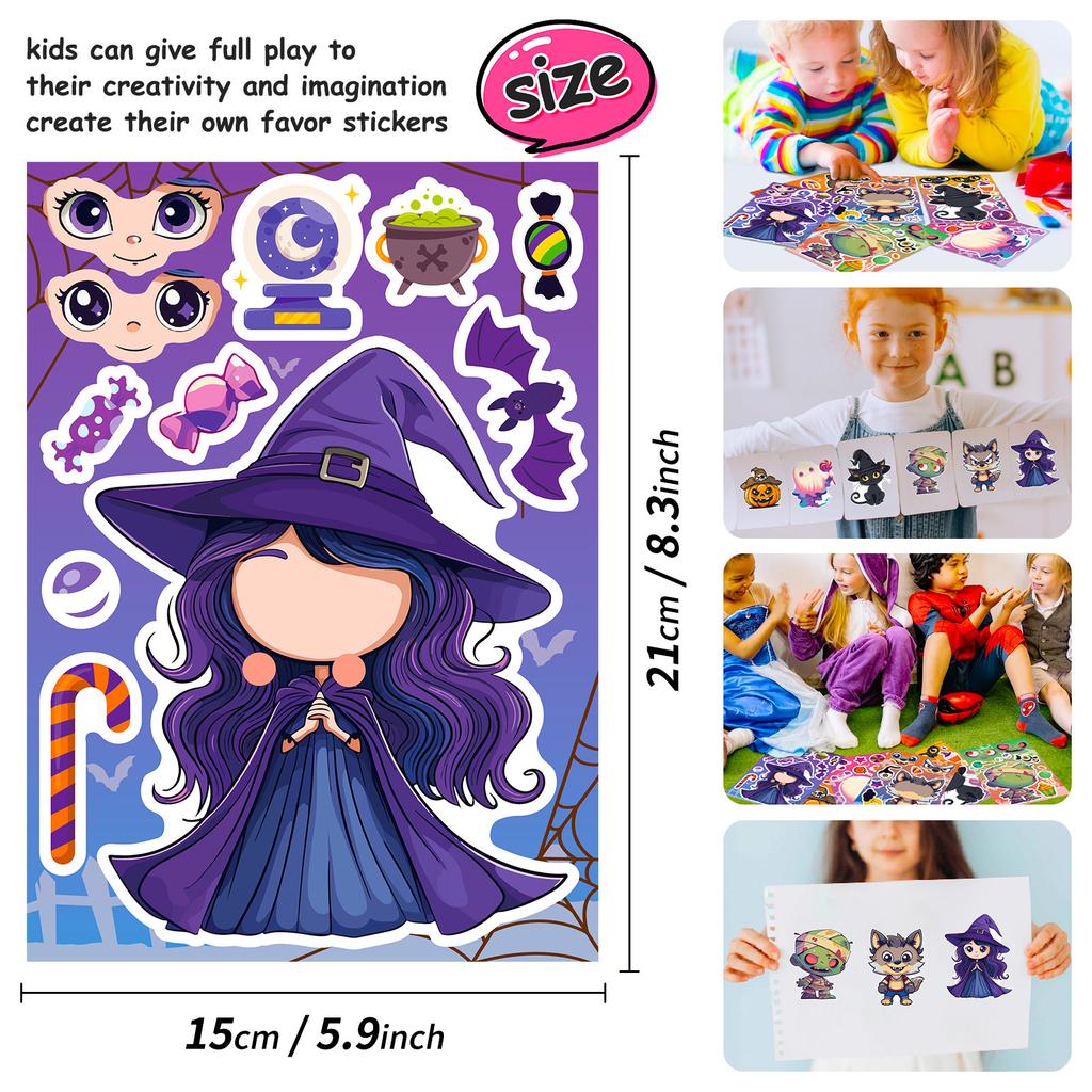 6 Pcs Halloween Sticker Sheets, Costume Face Mix & Match Decals for Journals, Party Favors, DIY Carnival Games for Kids Gifts