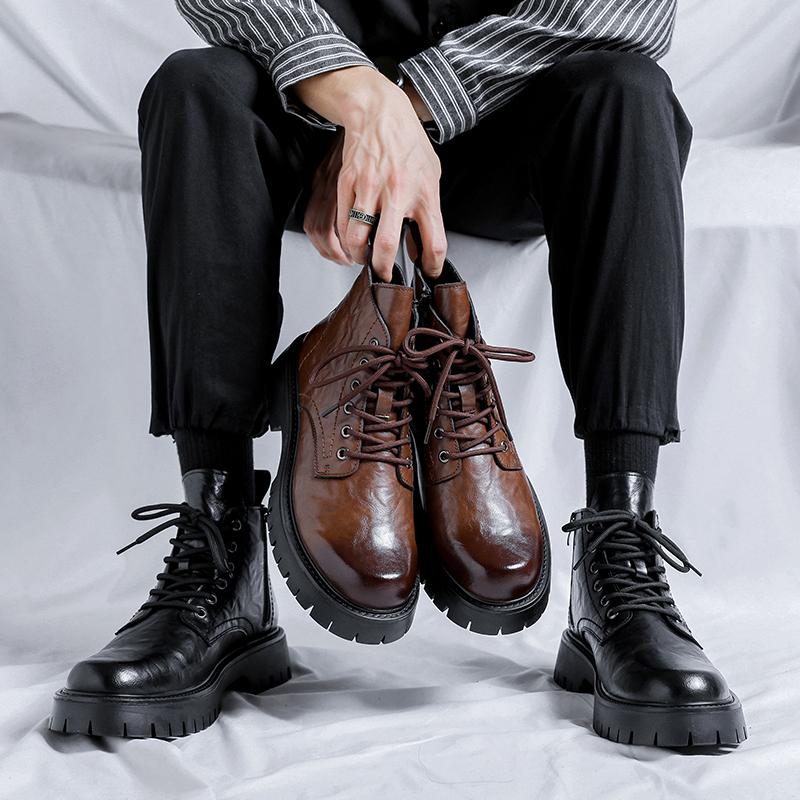 New Fashion Lace Up Casual Mens Boots Mens Thick Sole Ankle Boots Trendy Comfortable Mens Classic Black/Brown Motorcycle Boots