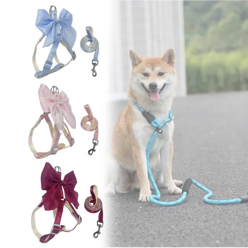 Pet Dog Leash Set With Bright Silk Large Bowknot Chest Harness For Small Dogs And Cats