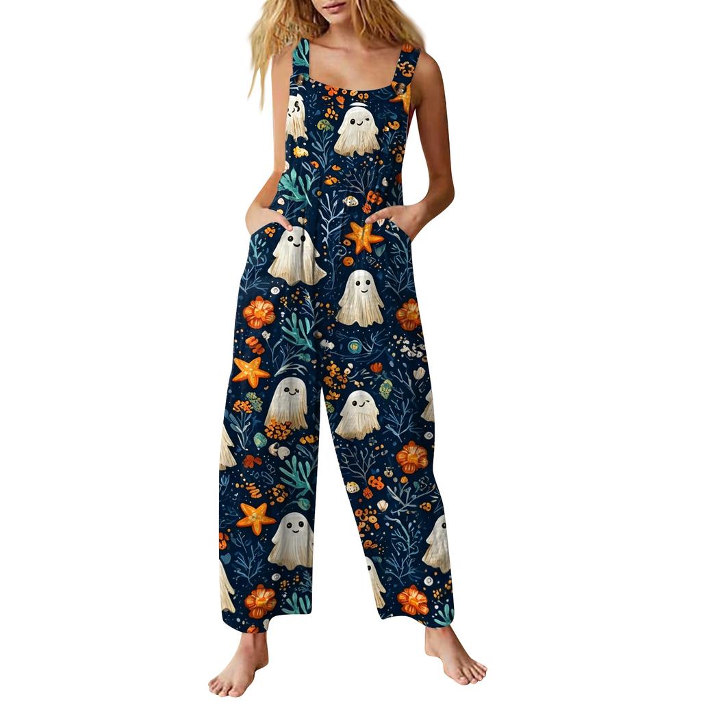 Women Sleeveless Jumpsuit Halloween Print Cotton Casual Loose Fit Wide Leg Romper Pocketed Overall Pants