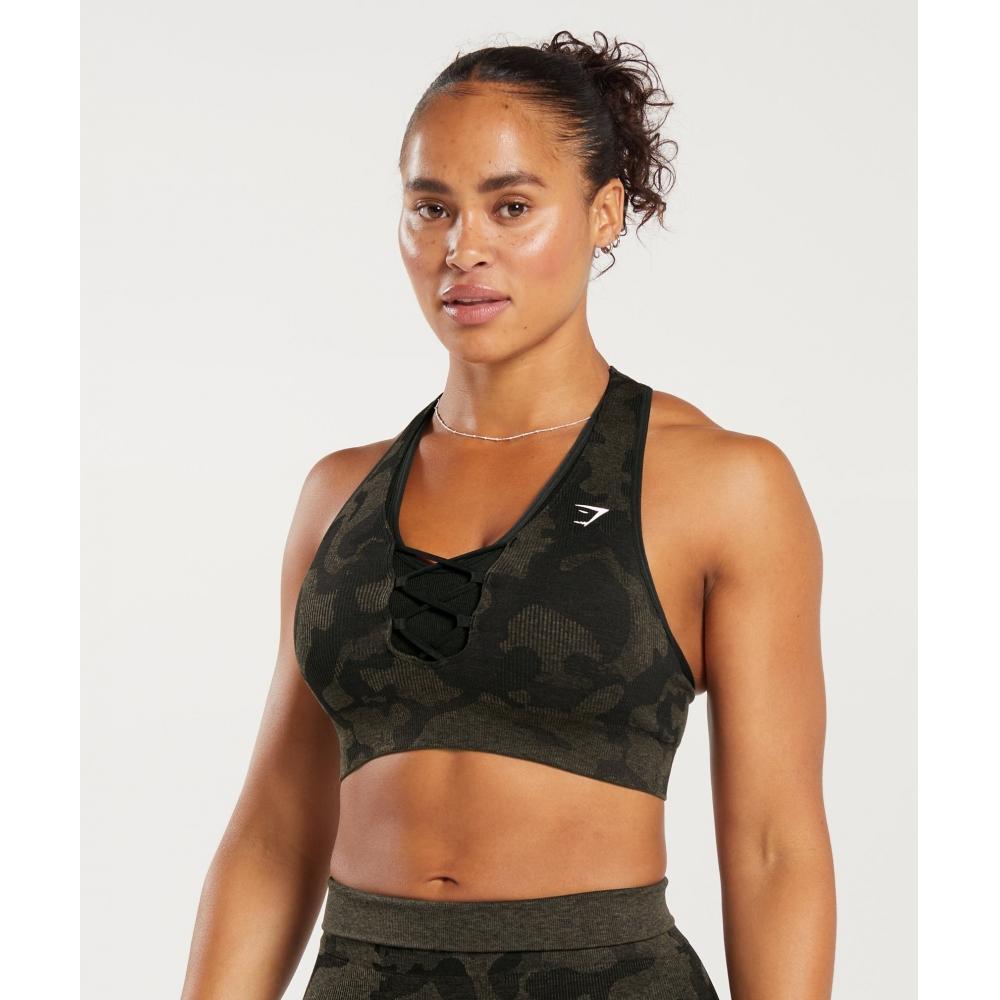 

GYMSHARK Adapt Camo Seamless Ribbed Sports Bra Black Camo Brown B6A2G BB3M XS