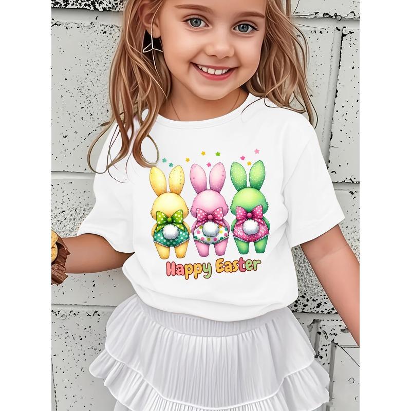 European sizes Girls' Easter Bunny & "Happy Easter" Print Short Sleeve Tee - Summer Casual Round Neck Top Suitable for Easter Egg Hunts,