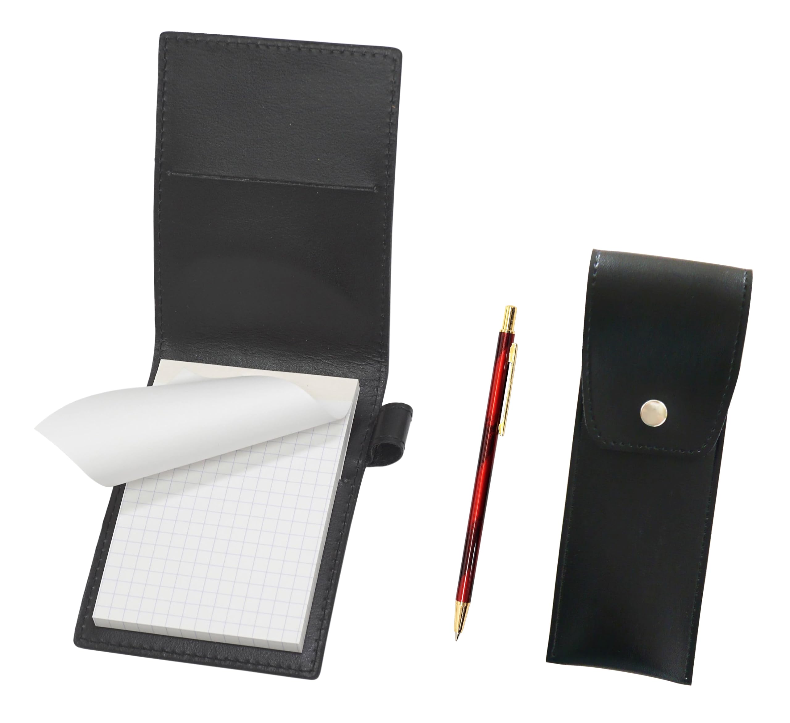 

Black recycled cowhide mini notebook cover with black pen SD marble and ballpoint pen set in red round-button case, pattern, all-metal