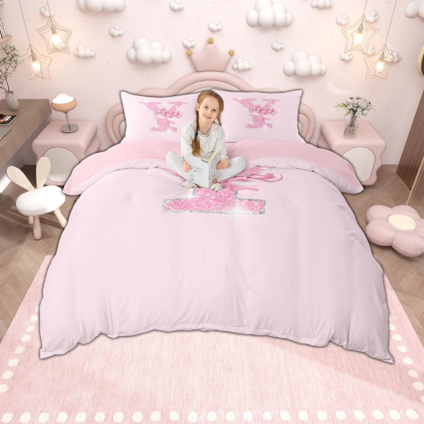 Homewish Personalized Initial Letter O to Z Duvet Cover Set, Dreamy Pink Bow Knot Bedding for Girls, Glitter Print Decor