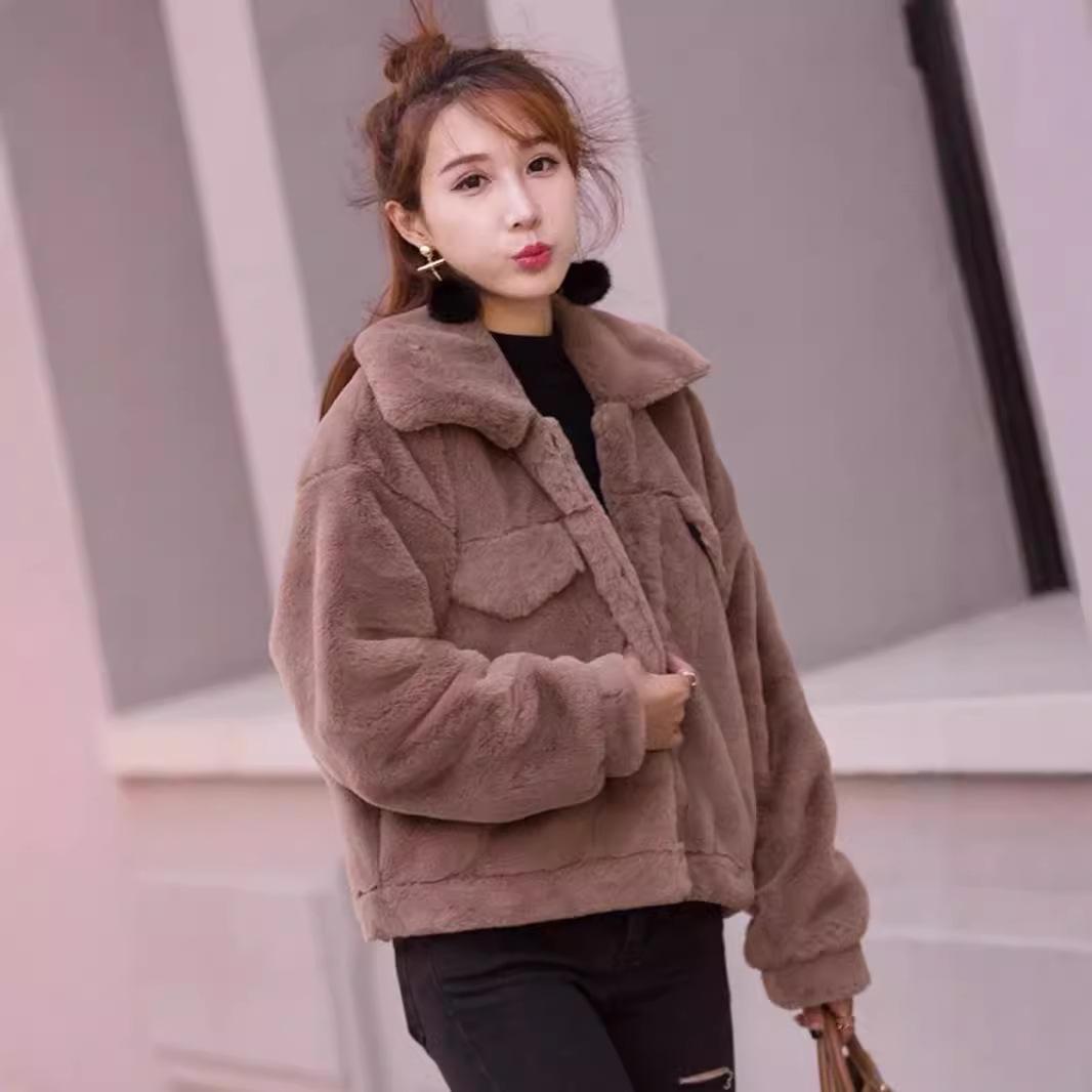 

Осенне-зимняя искусственная меховая куртка с лацканами, свободная модная трикотажная кроличья шерсть, женская плюшевая одежда XL коричневый