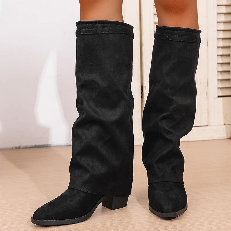 European and American high leg pants boots 2026 autumn pleated thick heel sleeve high-heeled fashion boots for women