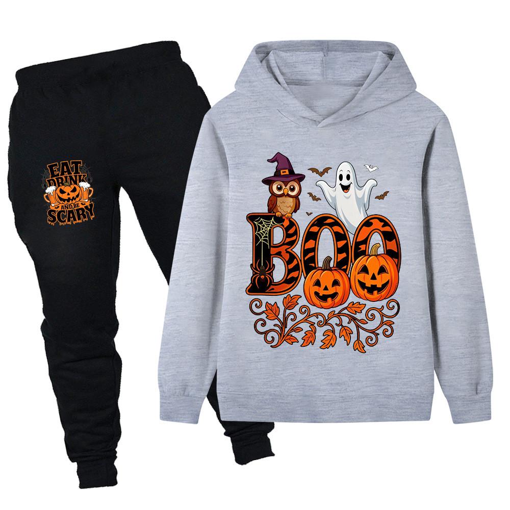 PB1649 Kids Boys Girls Halloween Ghost Printed Long Sleeves Hoodie Trousers Sets