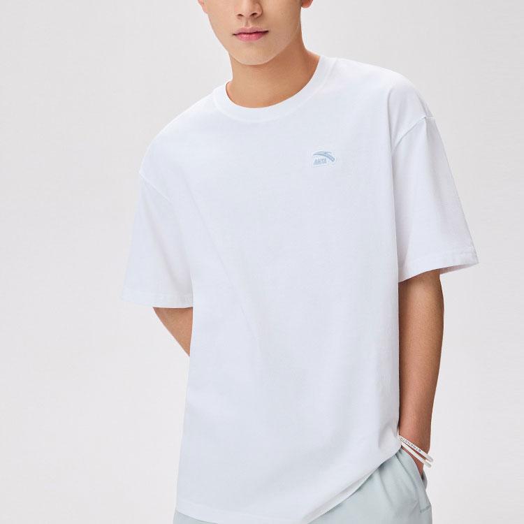 Anta Logo Pattern Round Neck Pullover Loose Short Sleeve T-Shirt Unisex Tops White 972328113-1