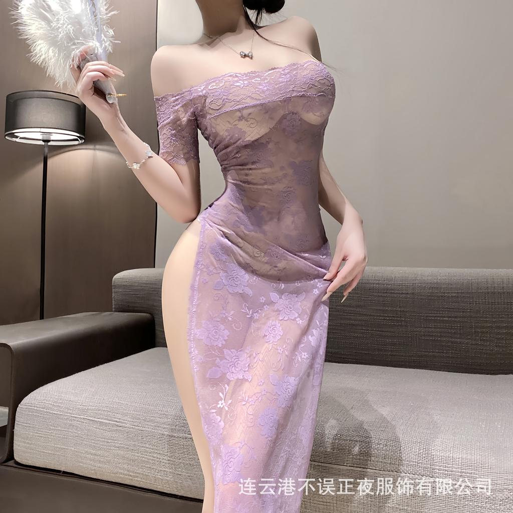 Sex underwear sexy bud cheongsam set pure desire temptation purple lace dress qqny uniform