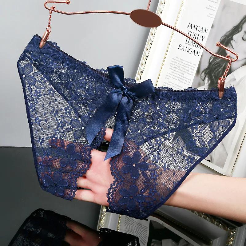 Sexy Underwear For Woman Lace Open Crotch Transparent G-Strings Thongs Low Waist Bow Female Tanga Hollow Briefs Lingerie