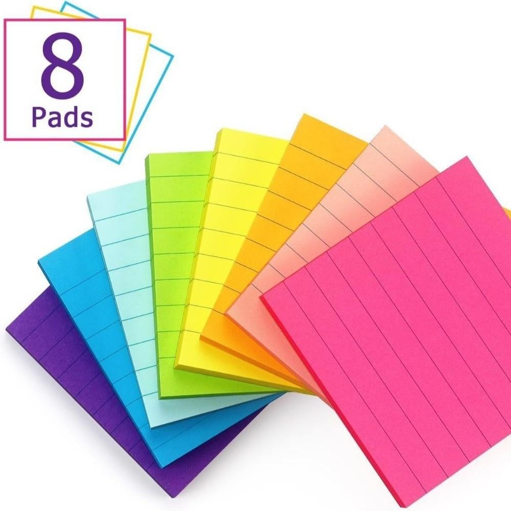 8Pcs with Lines Self Sticky Notes Pad 8 Rainbow Color Student Writing Marker Notebook