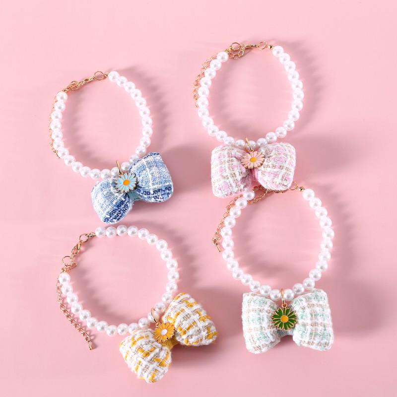 Adjustable Pet Necklace With Pearl Grid Bow Pendant Floral Daisy Design Dogs Cats Princess Birthday Accessory
