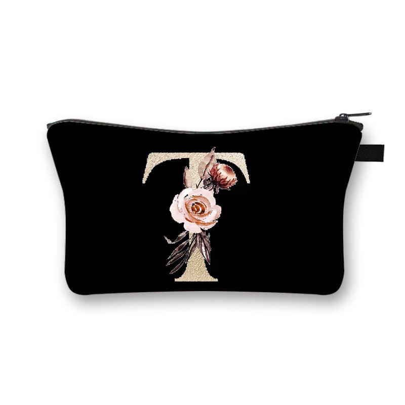 Vintage Golden Flower Alphabet Travel Cosmetic Bag Waterproof Toiletry Organize Pouch for Women