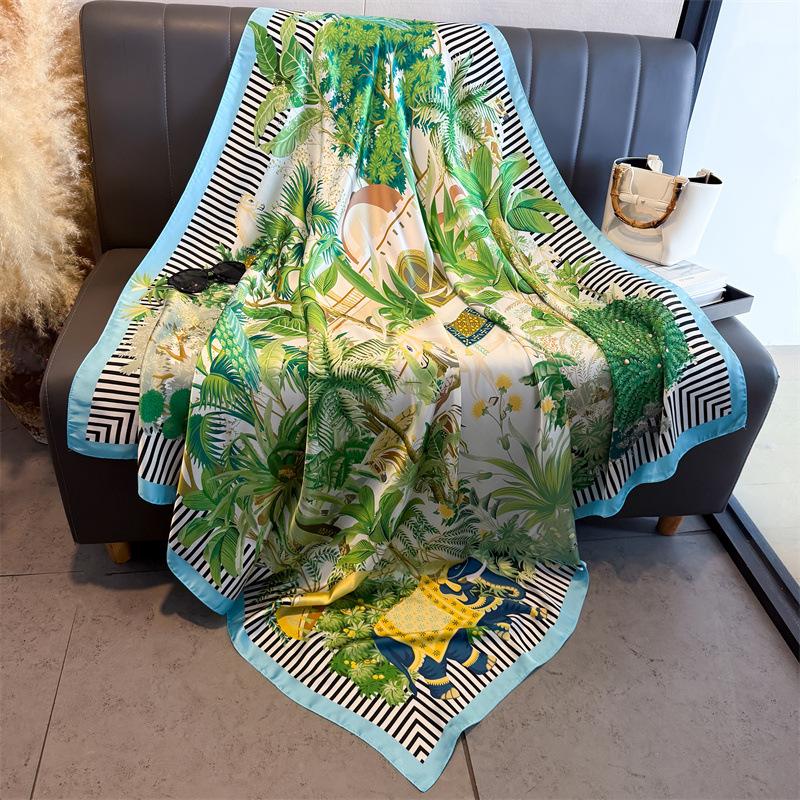 Tropical Jungle Simulation Silk Premium 111cm Large Square Scarf Silk Scarf Printed Shawl Sunscreen Scarf Headscarf Scarf
