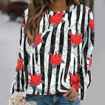 Tricou cu mânecă lungă pentru femei, imitație de bumbac, cu decolteu O, haine pentru femei, îmbrăcăminte de stradă ocazională, tricou cu flori de toamnă, pulover, vintage