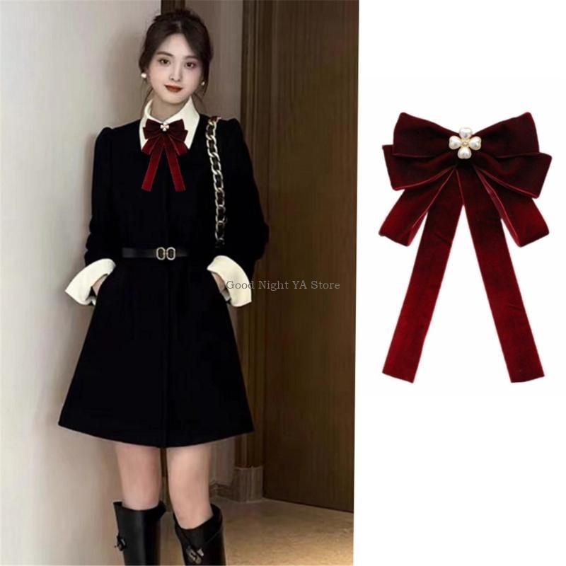 Luxurious Velvets Bows Tie For Women Sparkling Crystal Pearls Pre Tied Bows Clip