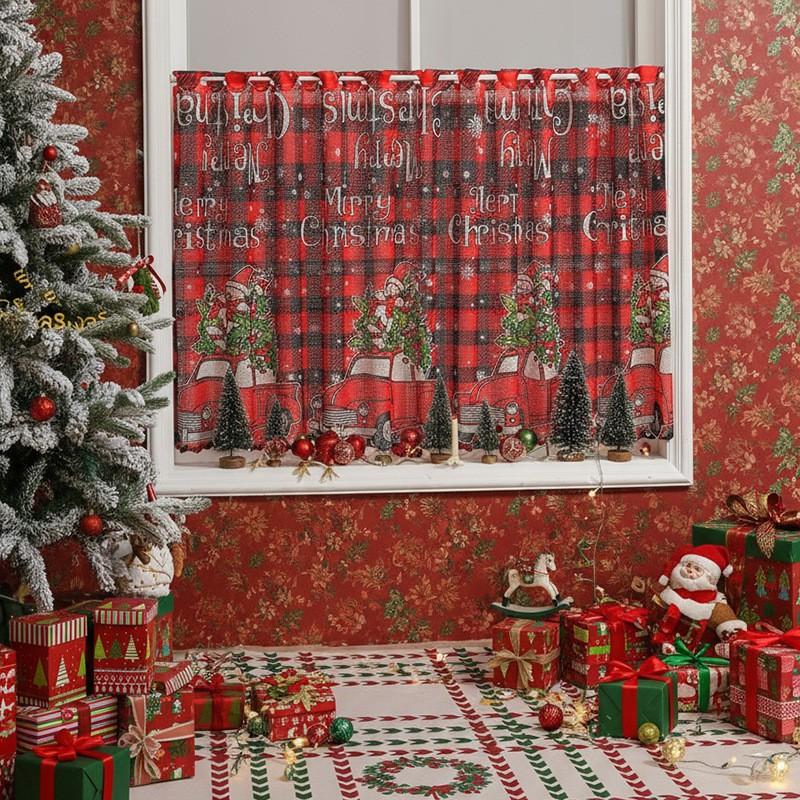 American Christmas Print Lace Curtain Short Window Valance Rectangular Decorative Kitchen Dining Bedroom