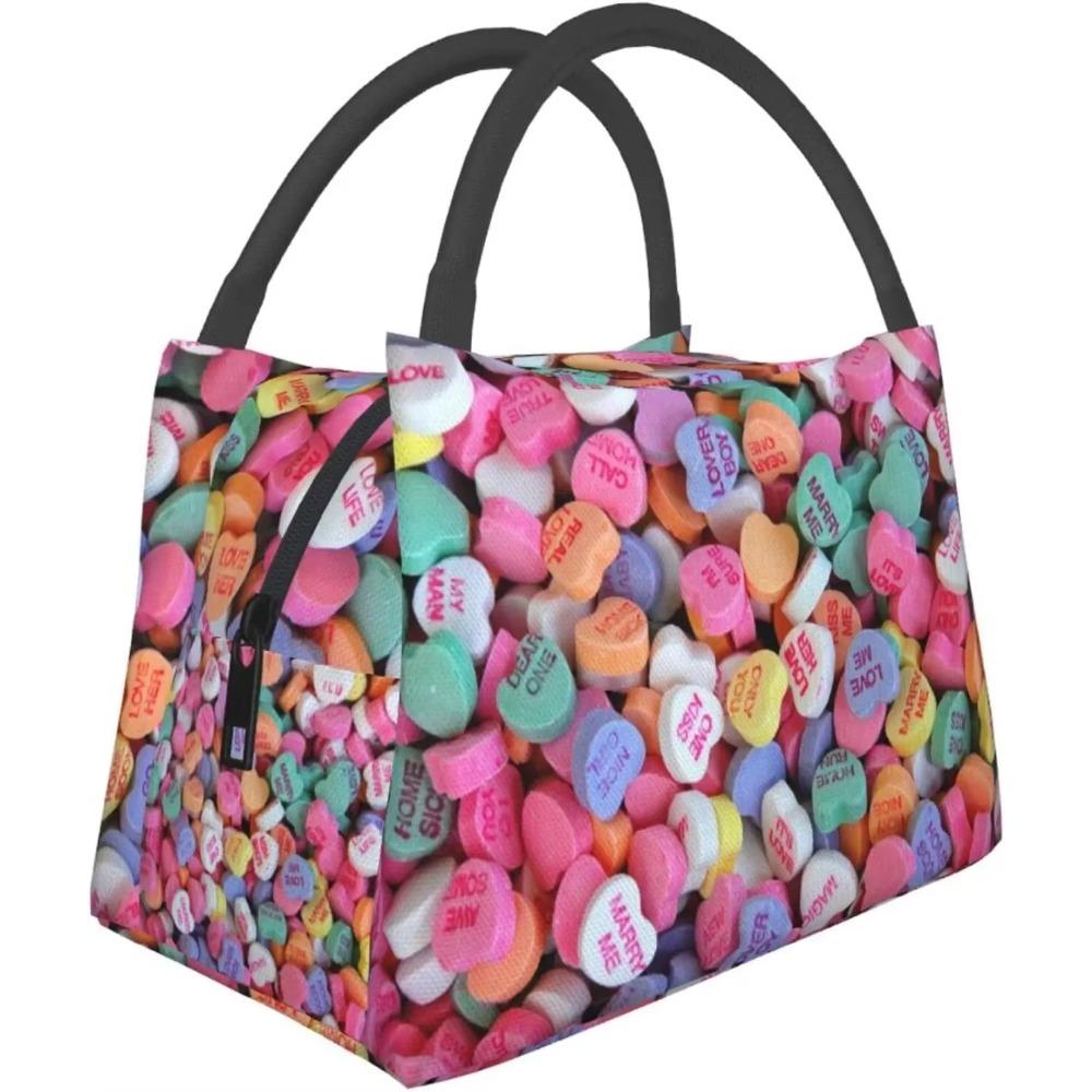 Red Heart Pattern Valentine's Day Lunch Bag Portable Reusable Insulated Lunch Box for Women Men Tote Bag for Work Travel Picnic