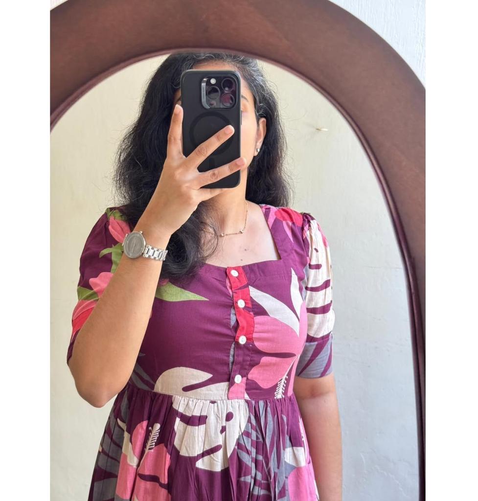 Women Designer Printed Cotton Midi Gown Kurta Party Wear Top Tunic Kurti Dress