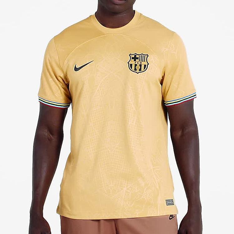Nike Barcelona 22/23 Season Away Game Short Sleeve Soccer Jersey Men Tops Yellow DJ7675-715