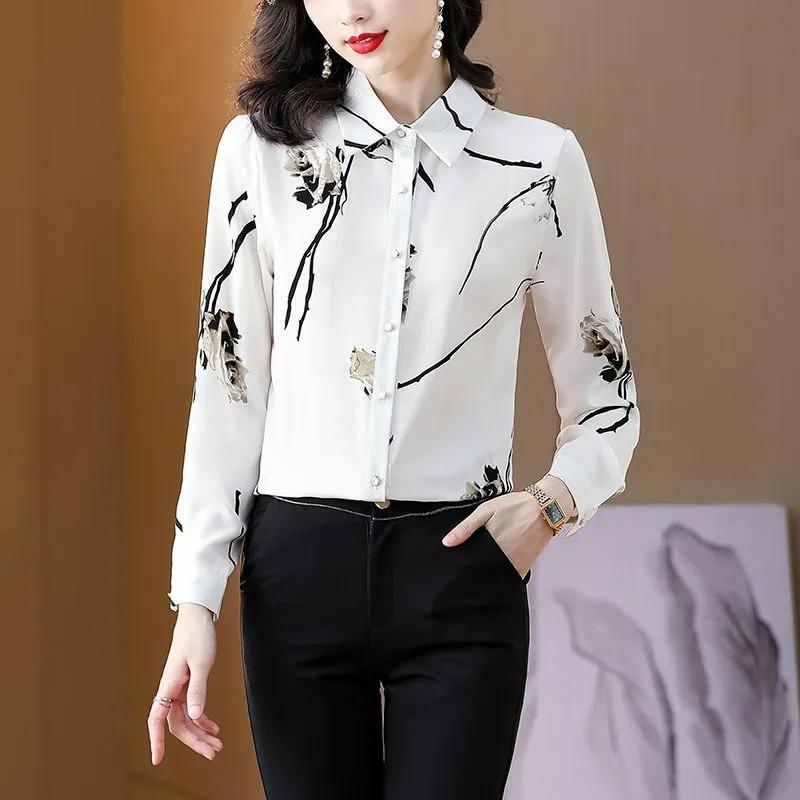

Women s Ink Flower Print Long Sleeve Chiffon Button Down Shirt M белый