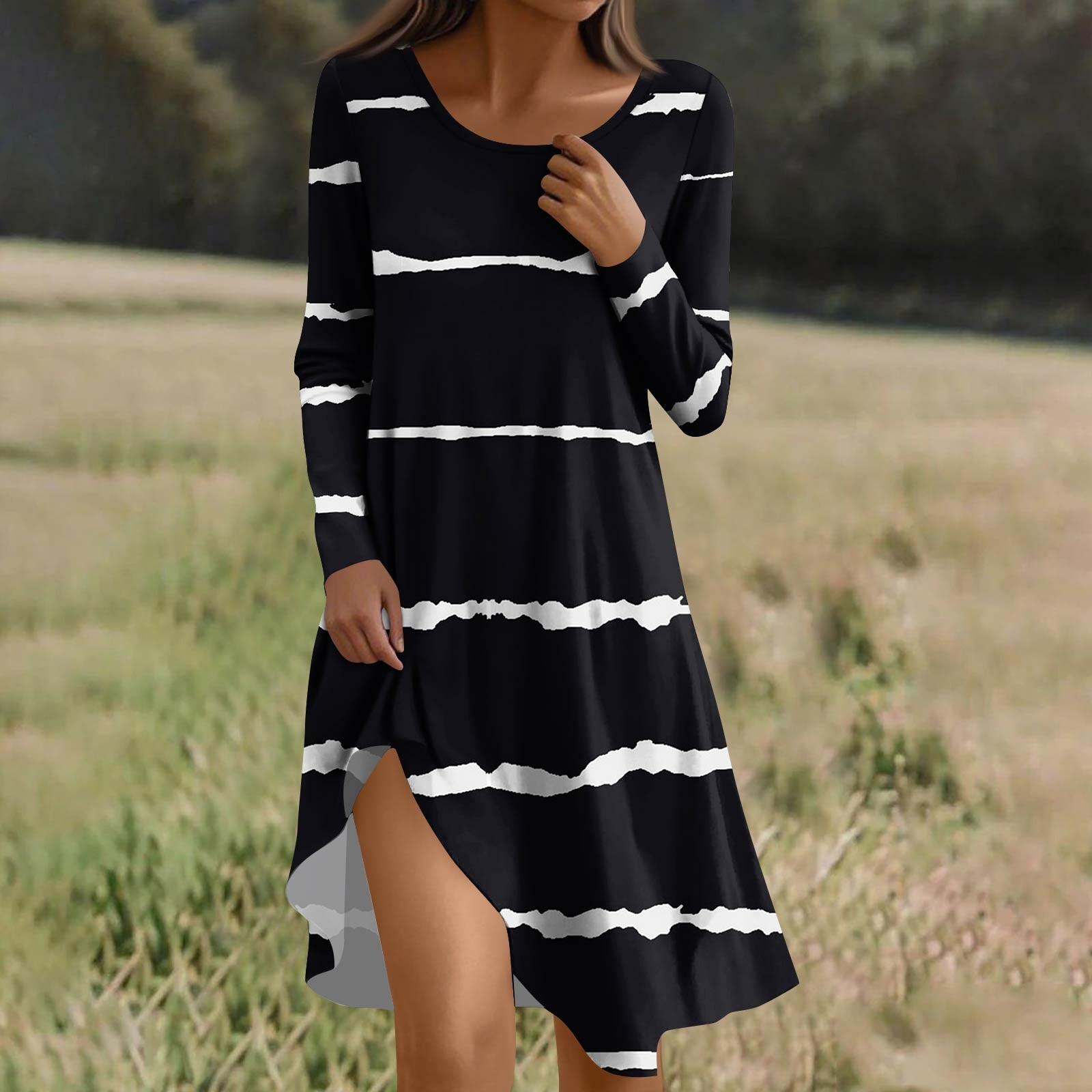 

Long Sleeve Dress For Women Casual Loose Fit Summer Sundress Floral Print Dress With Pockets L чорний