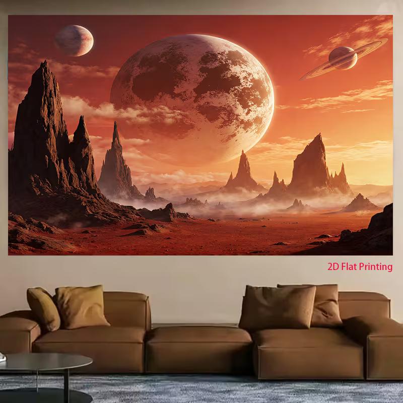 

2D Sci-Fi Room Backdrop, Alien Red Planet Landscape with Multiple Moons Background 47.2x31.5inch/120*80cm